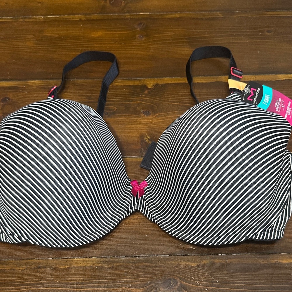 Maidenform Black and White Striped Bra with Pink Trim